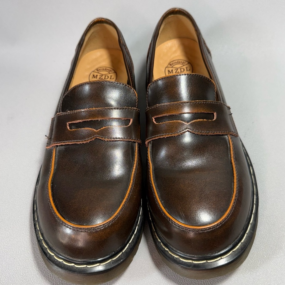 MZDL Meizudongli Brown Leather Handmade Chunky Penny Loafers NWOT - Picture 3 of 14